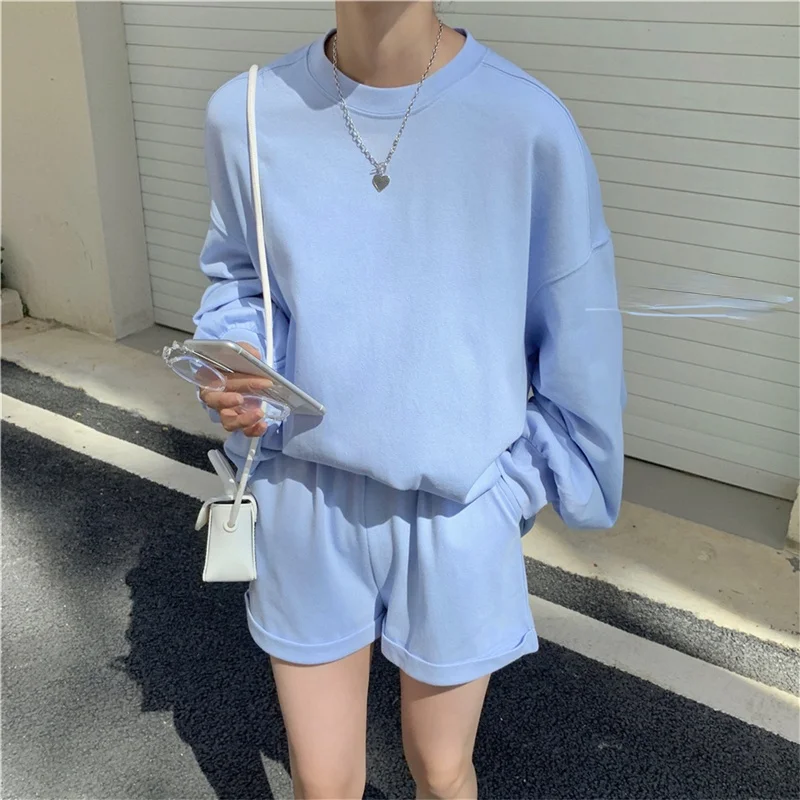 velour tracksuit women Sets Women Korean Style Candy Colors Autumn New Fashion Causal Joggers Solid Long Sleeve T-shirts Empire Elastic Waist Shorts sweatpants set Women's Sets