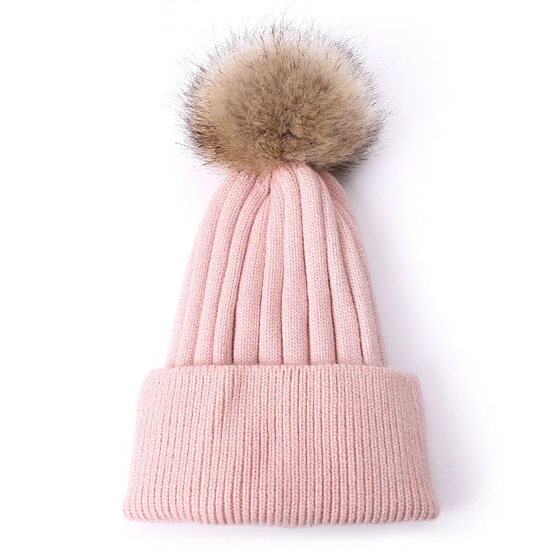 E Детская зимняя шапочка, мягкая Толстая флисовая двухслойная вязаная шапочка с помпоном из искусственного меха, модные детские уличные спортивные шапки - Цвет: E