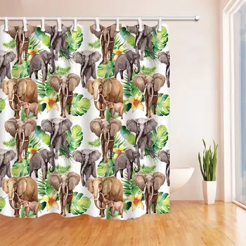 

Wildlife African Safari Decor, Watercolor Elephant in Banana Leaves Shower Curtains for Bathroom, Polyester Fabric Waterproof