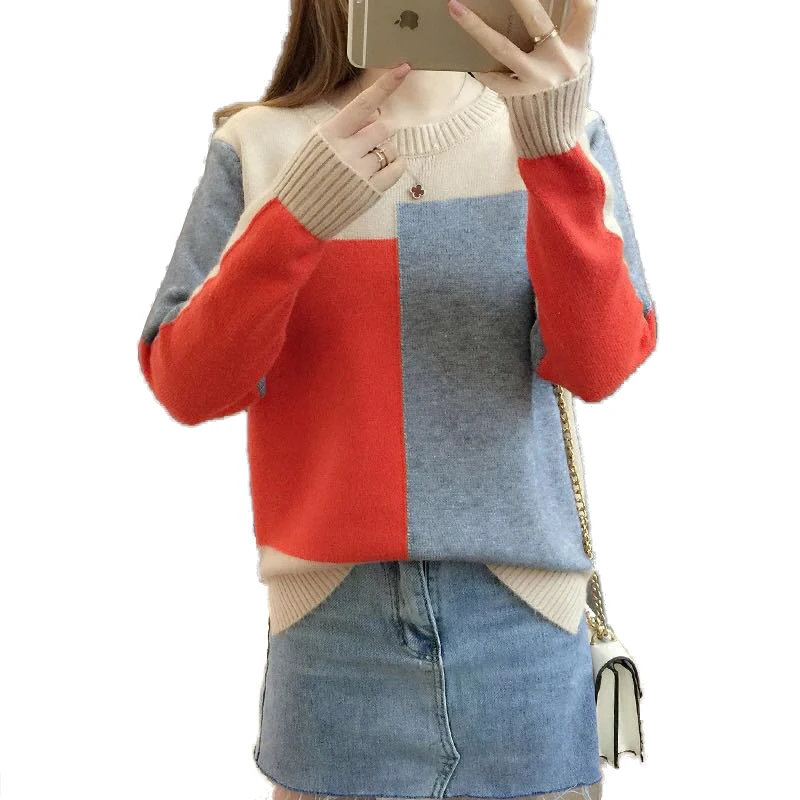 

Winter Women Cashmere Sweaters Fashion Loose O-neck Long-sleeve Knitted Jumpers Female Korean Geometric Patchwoek Tops Pullovers