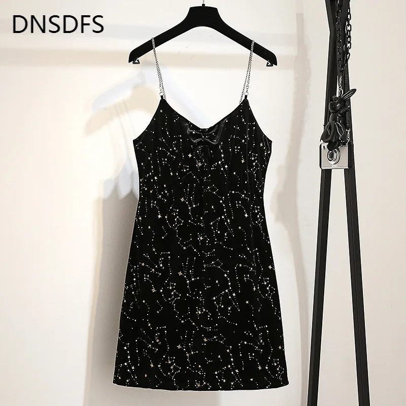 Dress Women Sequined Black Sexy Big-Size Summer 2XL-6XL Neck-Strap Vestidos Stars-Print