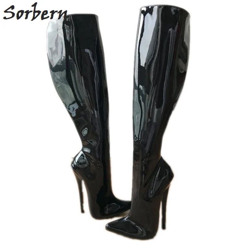 Black Patent Sorbern/Сапоги до колена; 18 см; Шпилька; Высокий каблук; острый носок; Пользовательские расклешённые зимние сапоги; пикантные Сапоги на каблуке - Цвет: Black Patent