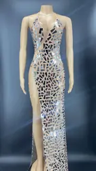 Silver Shining Mirrors Cut Out Mesh Backless Long Birthday Evening Celebrate Wedding Costume Stretch Evening Outfit Performance
