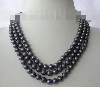 

stunning 3rows 8mm round black freshwater cultured pearl necklace s475