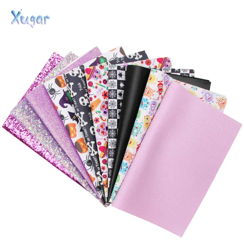 

Xugar 10pcs/set 22*30cm Synthetic Leather Sheets Halloween Printed Faux Leather for DIY Hair Bow Bag Accessories Handmade Crafts