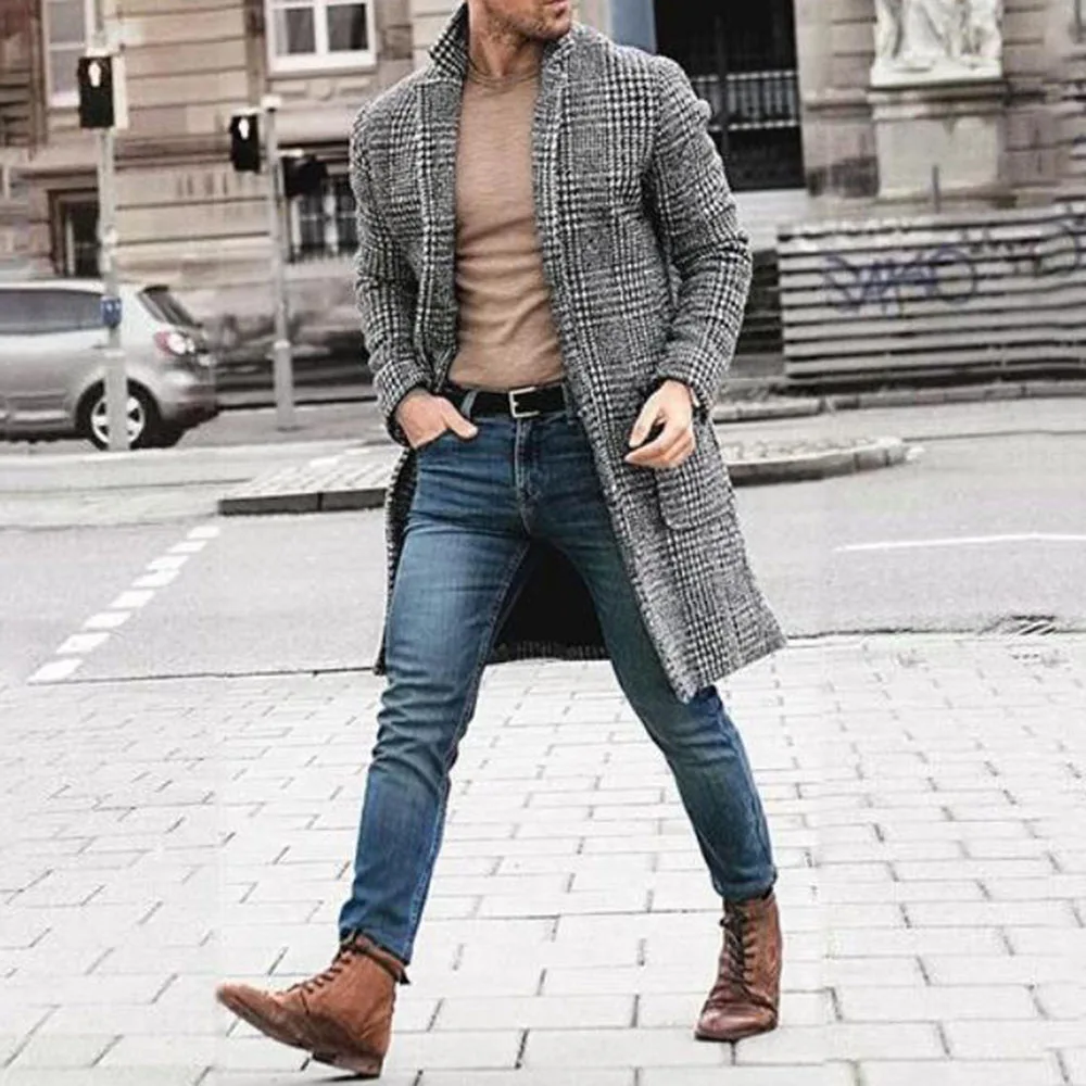 Flash Sale Men Fashion Plaid Wool Blends Office Causal Single Breasted Turndown Collar Thick Retro Plus Size Long Winter Coat M-3XL Gray