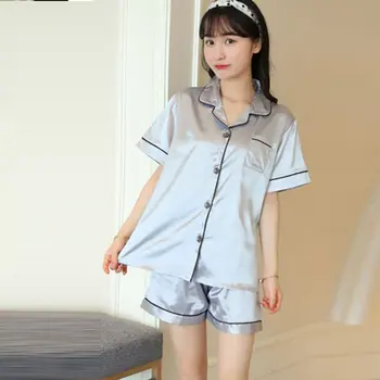 

New Women Short Pajamas Set Silk-like Satin Sleepwear Short Sleeves Top Nightwear with Pants Button Closure Summer Loungewear