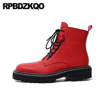 

brand military 2019 front lace up casual ankle boots autumn block chunky fur round toe shoes women booties high heel combat red