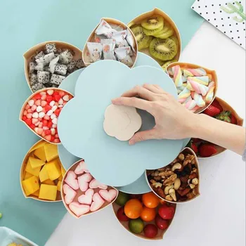 

Petal-Shape Rotating Snack Box Candy Tray Food Storage Box Wedding Candy Plates Double-deck Dried Fruit Organizer Storage