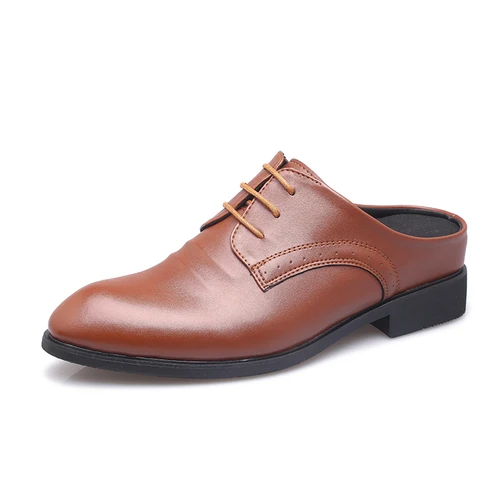 Mazefeng/Мужская обувь, увеличивающая рост; тапочки на шнуровке; мужские тапочки; Простые повседневные тапочки; однотонные кожаные шлепанцы с круглым носком - Цвет: Brown Increase
