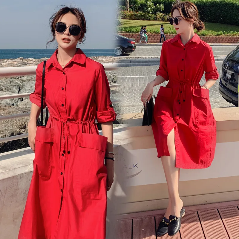 

Trench Coat Female Spring 2019-Korean-style Popular Red Mid-length Versatile Waist Hugging Drawstring Coat Dress Version
