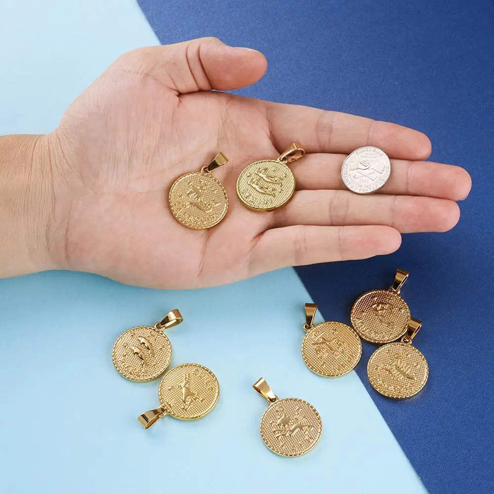 12pcs/set Stainless Steel Pendant Flat Round with Twelve Constellation/Zodiac Sign For DIY Jewelry Necklace Making Accessories