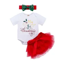 Рождественская Одежда для маленьких девочек детский комбинезон+ юбка+ повязка на голову, комплект одежды из 3 предметов, рождественские наряды для новорожденных девочек