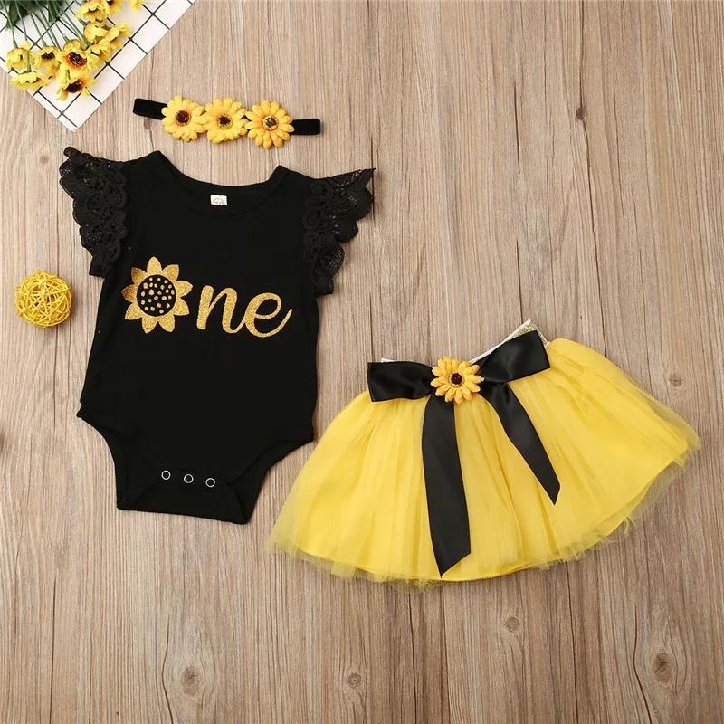 0-18 Months Newborn Girls Set One Year Birthday Baby Girls Clothes Set One Letter Bodysuits Chrysanthemum Yellow Skirts Baby Set