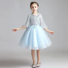 Корейское милое Пышное Платье принцессы голубого цвета на день рождения для маленьких детей; элегантные костюмы на фортепиано для маленьких детей; платье-Хост; одежда