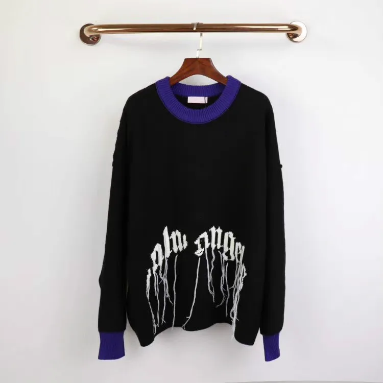 

2020 Women Men Unisex Black Patchwork Purple O Neck Letter Logo Fringe Loose Sweater