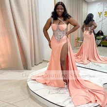 

Pink African Prom Dress Mermaid 2022 One Shoulder Appliques Beads Satin Party Gowns for Women Evening Dresses