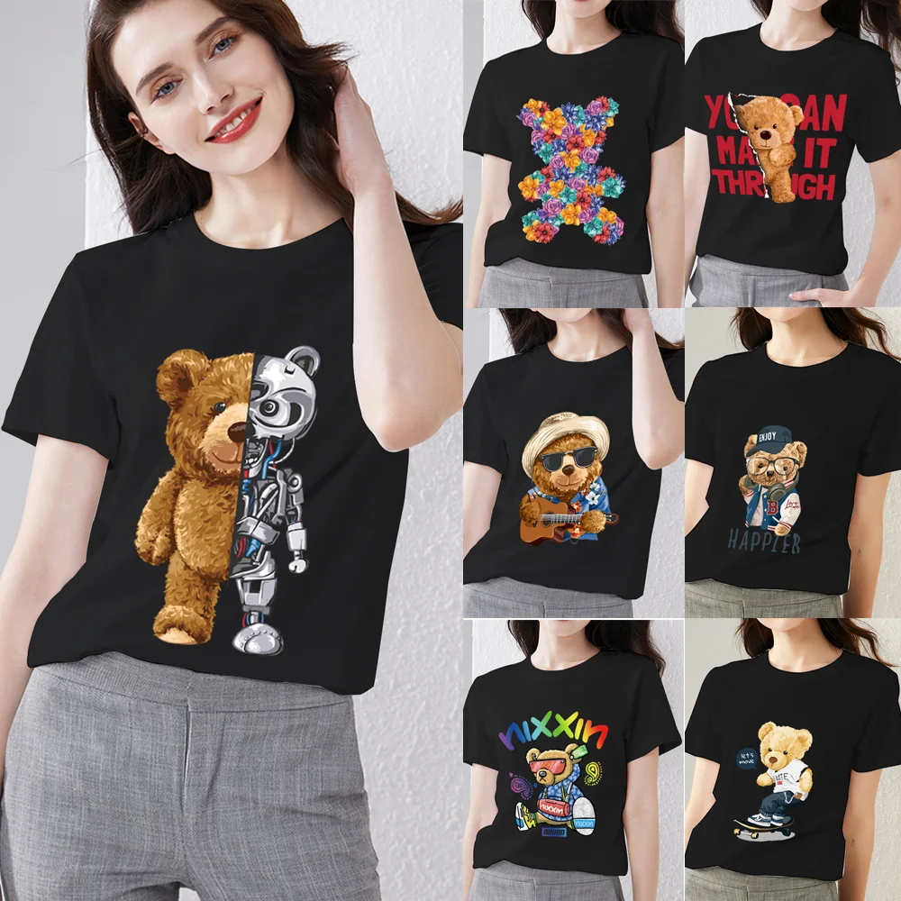 

Summer Women's Fashion T-shirt Cartoon Teddy Bear 3D Printing Series Personality Trend All-match O-neck Top One Drop Delivery