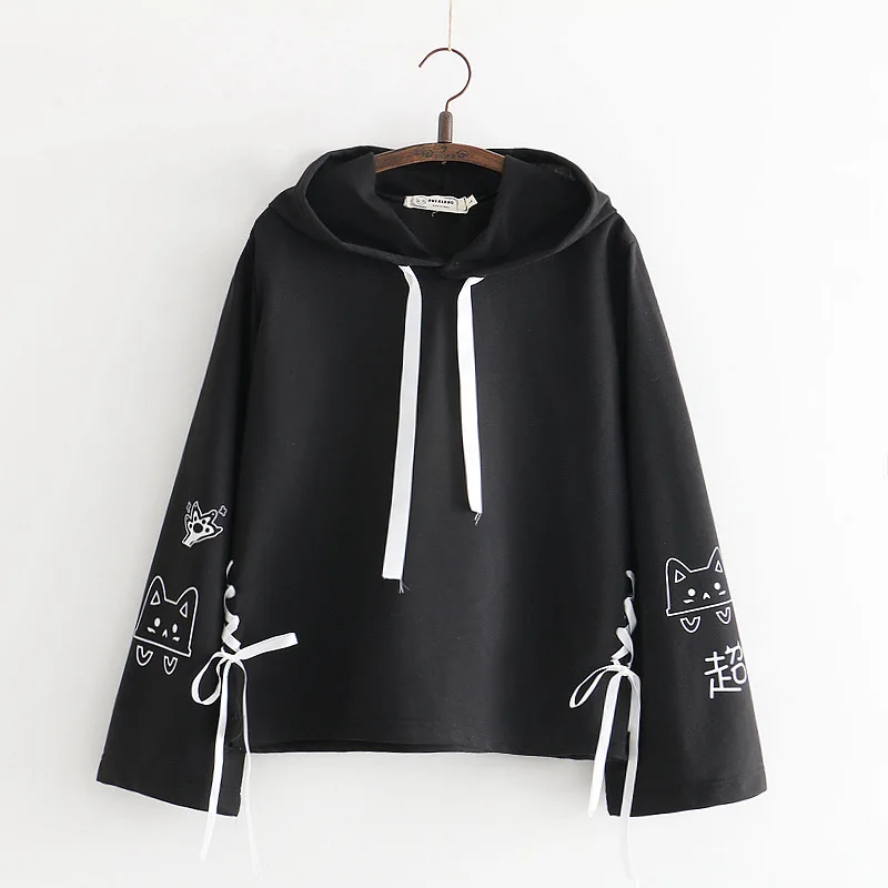 Harajuku с изображением кошки Неко худи Junior Cute Ear Hoody пуловер студенческие девушки Весна школьная одежда аниме милые лапы Топы - Цвет: black