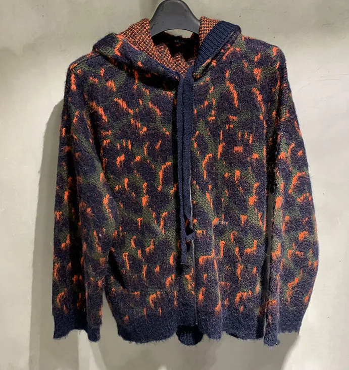 Woman Multicolor Leopard Mohair Wool Blend Knit Cardigan Hooded Drawstring Zipper Front Long SLeeves sweater 2019fw jumper