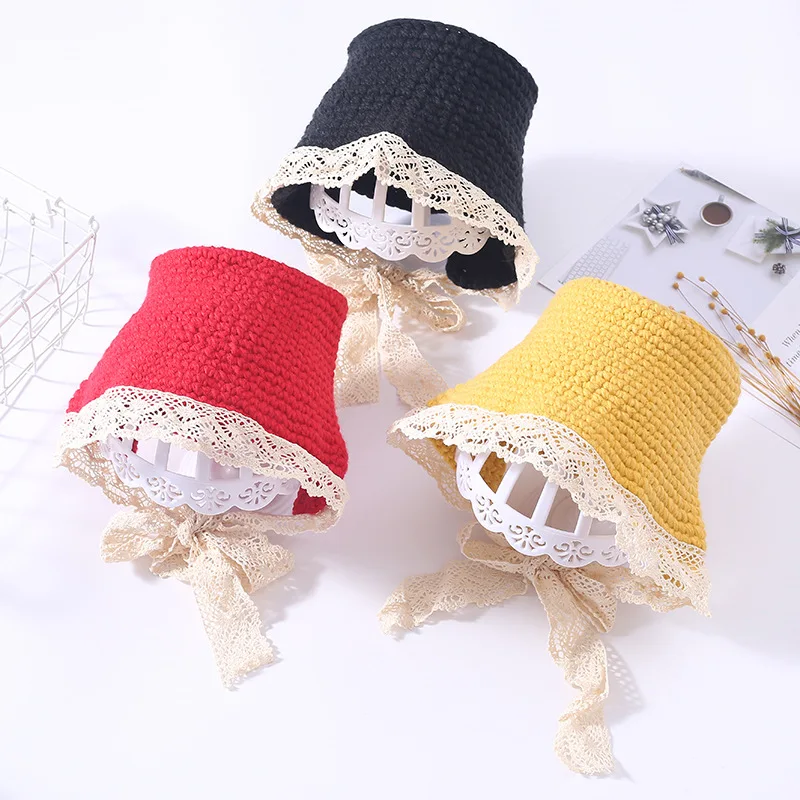 

Handmade Knitted CHILDREN'S Bucket Hat Cute Sweet Lace Edge Tying Baby Hat Outing When Wool Cap