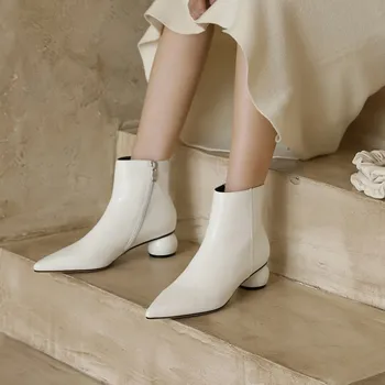 

Autumn 2020 new sweet and versatile top layer cowhide side zipper pointed thick heel medium heel fashion boots boot lady