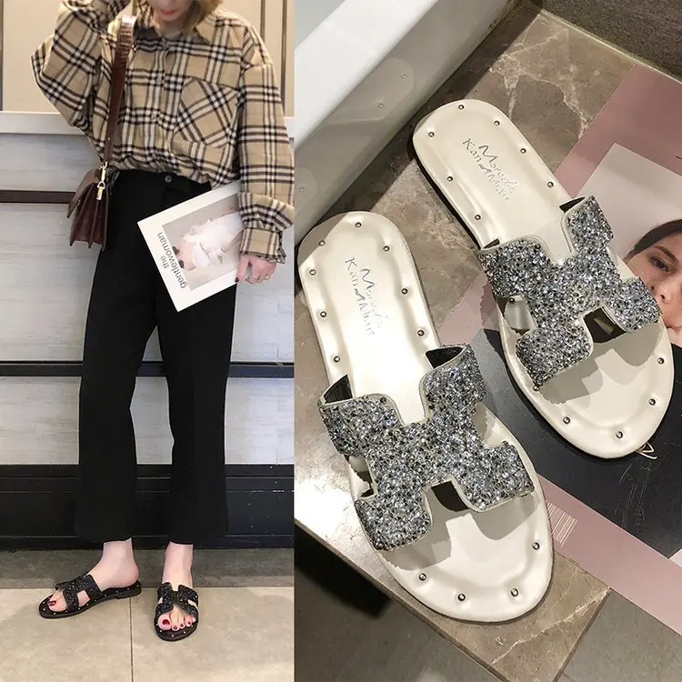 

WOMEN'S Sandals Summer New Style Flat Sandals Women's Korean-style Students Fashion Sequin H Type Slipper Outer Wear Women's Sli