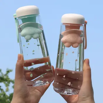 

550ML Creative Cute Cat Claws With Tea Filter Plastic Cup Kawaii Cherry Blossoms Portable Leakproof Sports Water Bottle for Girl
