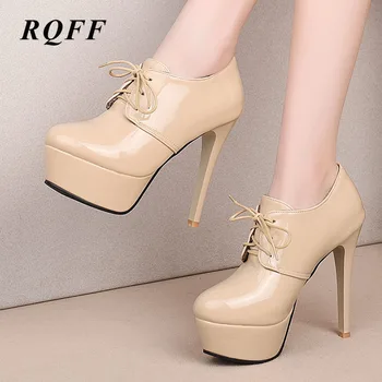 

2019-2020 Autumn Spring Ankle Boots Women Sexy Super High Thin Heels Shoes Woman Solid Patent Leather Platform Big Size Lace-up