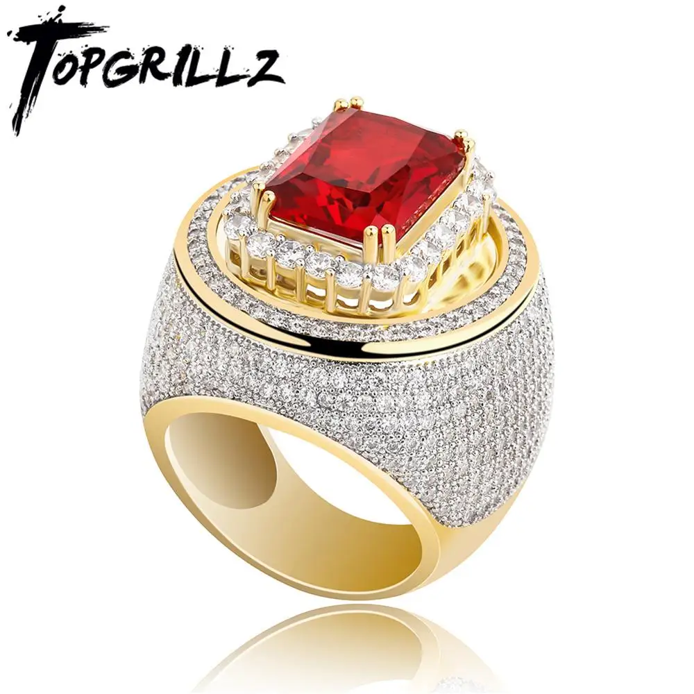 TOPGRILLZ Hip-Hop Classic Gold Color Plated Cubic Zircon Big Red Stone Ring Personality Fashion Men Women Jewelry Lover Gift | Украшения и