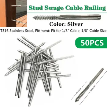 

50Pcs T316 Stainless Steel Marine Grade Lag Screw Stud Fitting Hand-Crimp Swage Terminal Thread for 1/8" Cable Railing US