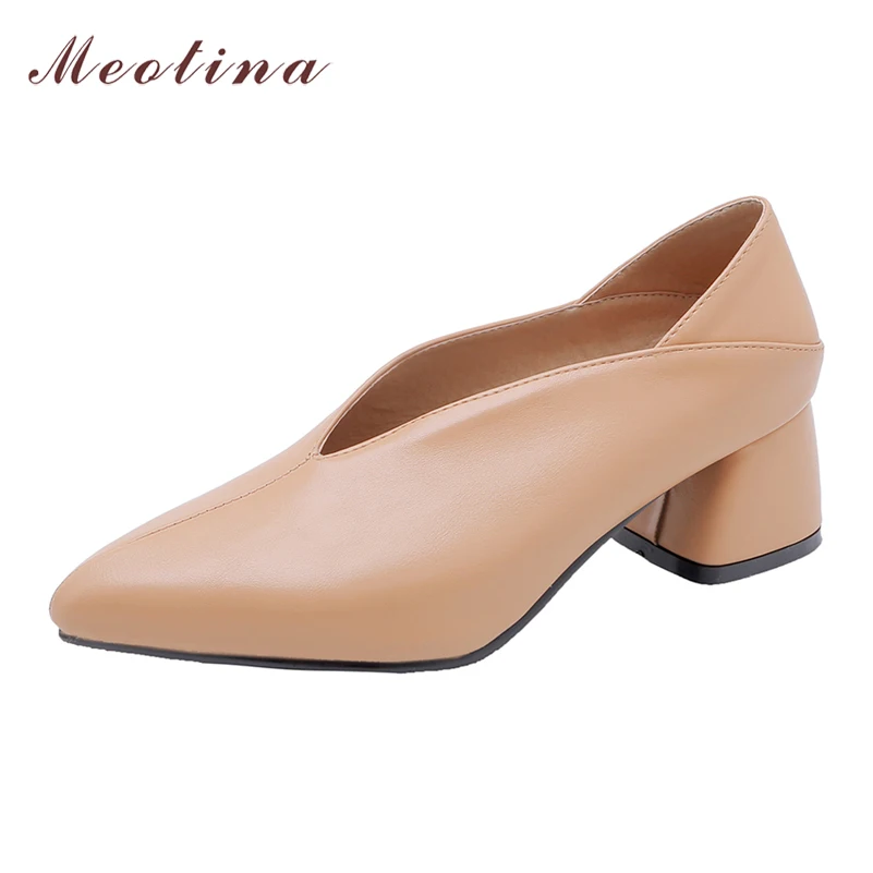 

Meotina Women Pumps High Heels Fashion Square Heel Shoes Pointed Toe Office Ladies Footwear Spring New Apricot Large Size 33-46