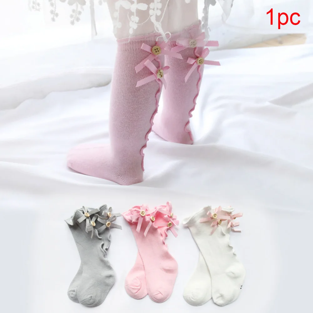 1 пара; Милые гетры для новорожденных; длинные носки для маленьких девочек; Домашние кружевные хлопковые носки до колена для малышей; Однотонный бант