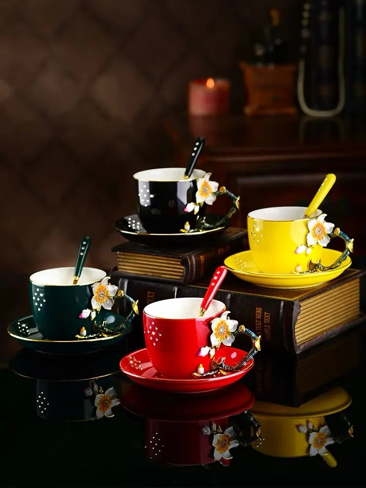Ceramic Enamel Coffee Cup and Saucer Handpainted Porcelain Tea Cup Set with Spoon Classic Drinkware Gift