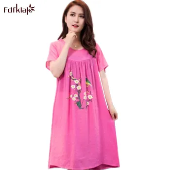 

Summer New Cotton Linen Sleepwear Night wear Ladies Short-sleeved Nightdress Korean Large Size Cartoon Nightgowns Women Dress