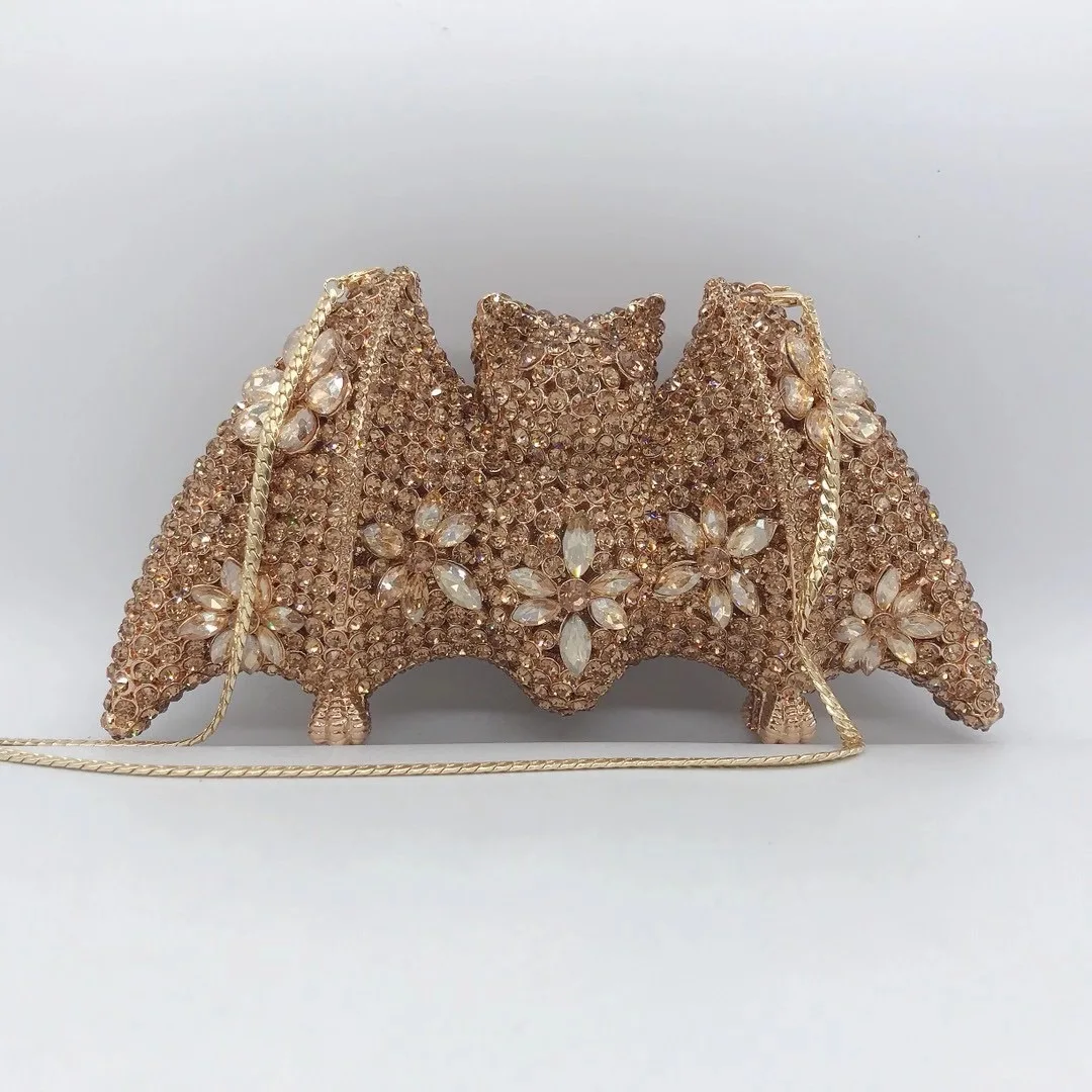 Bat Shape Gold Rhinestone Evening Bag Clutch Party Purse Luxury