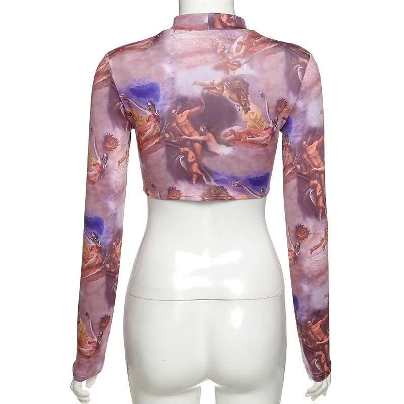 NEW Women's Retro Printed Cropped Top Long-sleeved Round Neck Tight-fitting Thin T-shirt Sexy Pullover 2020 Lady Party Wear