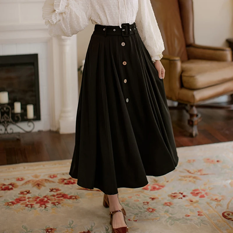 Streetwear Long Skirt Women High Waist Single breast Pleated