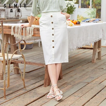 

SEMIR Women Skirt 2020 Summer New White Short Skirt Mid-length Retro Single-Breasted Fashion skirts for woman