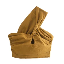 

Women Linen Single Shoulder Short Blouse Female Hollow Design Shirt Casual Lady Slim Crop Tops Blusas S9811