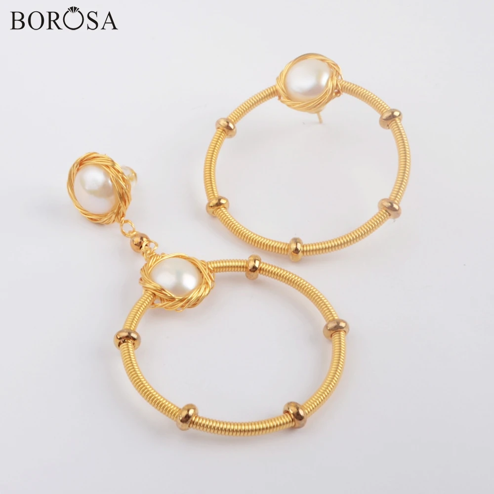 BOROSA 2/3 пары детских хлопковых утепленных колготок на круг из натурального жемчуга провода Обёрточная Бумага серьги Асимметричная серьга в золотой обруч серьги для женщин, ювелирные изделия для свадьбы WX1212