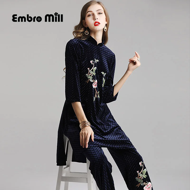 

high quality velvet Two-piece set Spring and autumn Retro Chinese style embroidery Long coat+pants 2 piece set women S-2XL