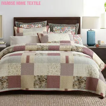 

3Pieces Plaid Checkered Bedding Vintage Floral Patchwork Quilted 100% Cotton Reversible Bedspread Quilt Set Queen size 3Pcs