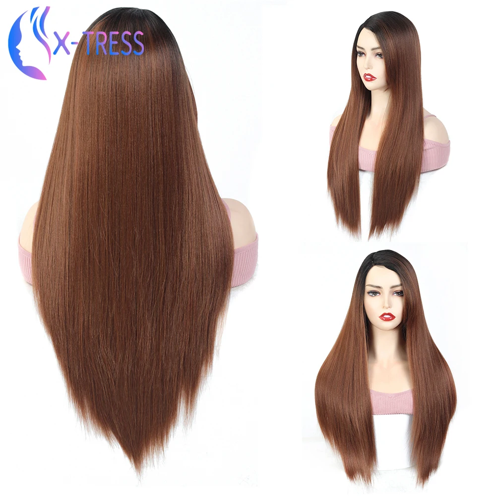 Synthetic Lace Wigs Highlight Brown Long Straight Side Part Women's X-TRESS Wig Heat Resistant Fiber Fully Soft Colorful | Шиньоны и