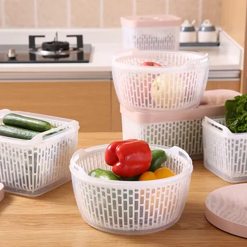 

Double Layer Vegetable Drain Storage Containers Large Capacity Kitchen Drain Basket Plastic with Lid Rectangle Storage Basket