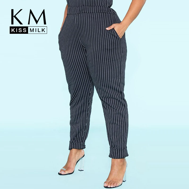 

Kissmilk Plus Size Large New Fashion Striped Elastic Elastic Waist Trousers Black Strechy Working Stretch Workout Pants