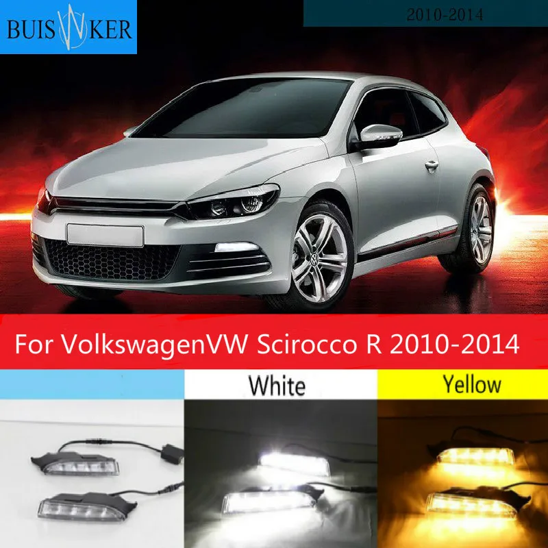 

2 шт. 12 В LED DRL для VolkswagenVW Scirocco R 2010 2011 2012 2013 2014 Светодиодный дневной светильник белым светом сигнал поворота светильник Янтарный