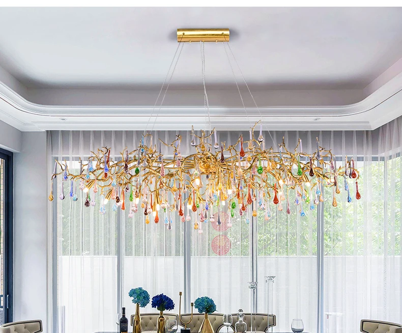 New light luxury French color water drop chandelier American villa creative post-modern all copper branch living room lamp