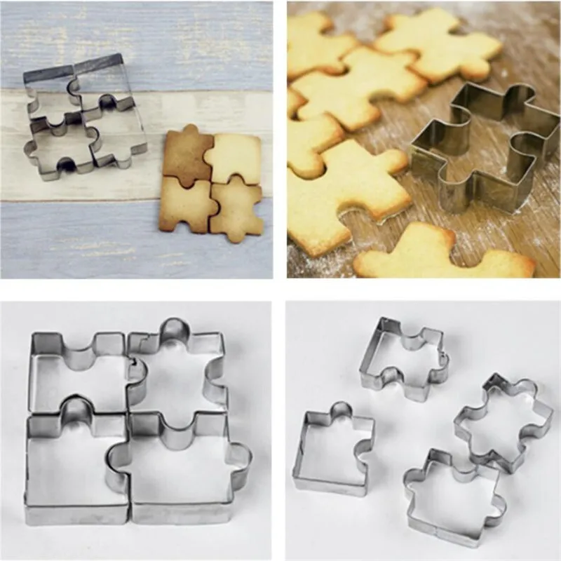 Cookie Cutter 4Pcs 3D Stainless Steel Cookie Puzzle Shape Cookie Cutters Toast Cutter DIY Biscuit Mold Dessert Bakeware Cake Fondant Mold Tool