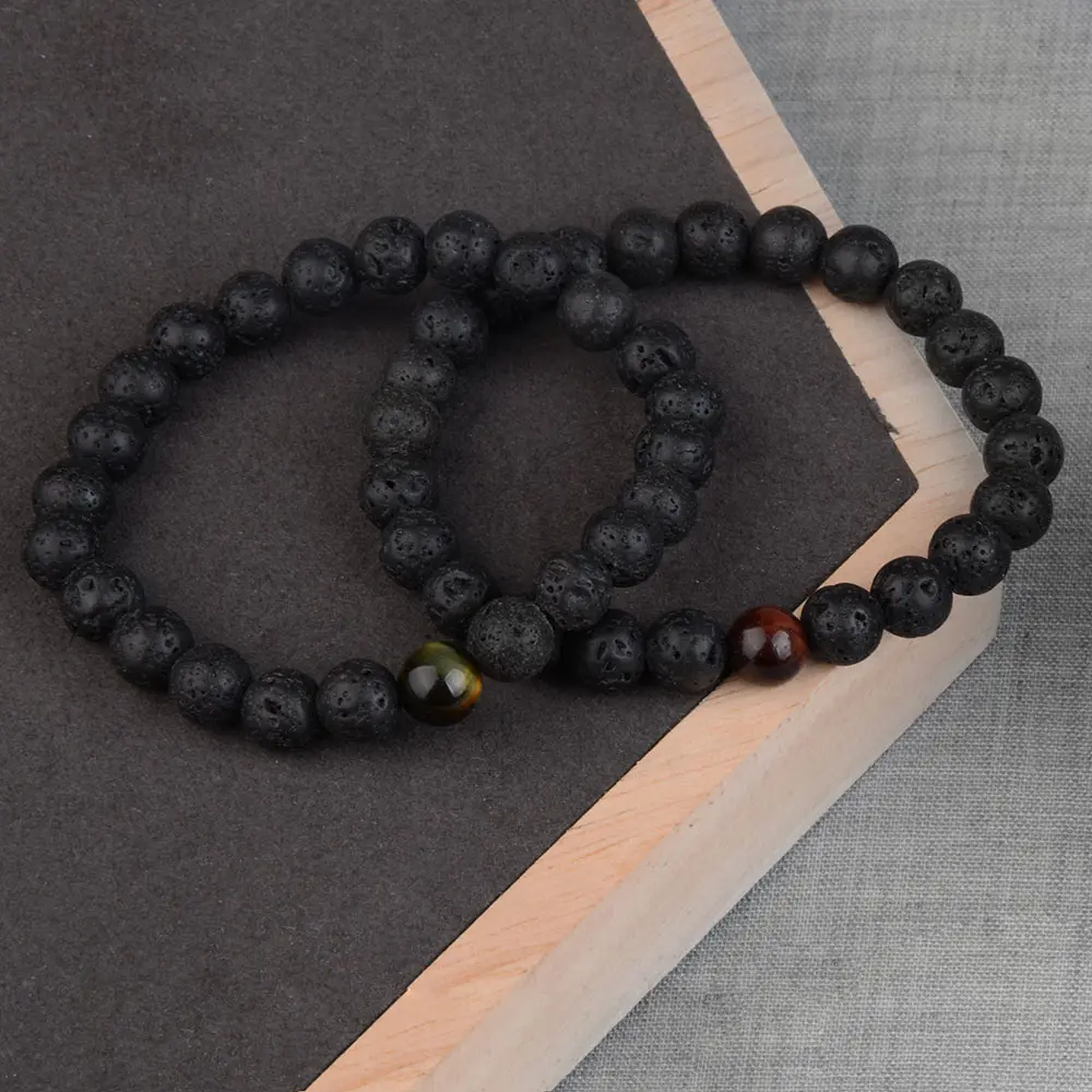 Naturstein Lava Armband Tigerauge Perlen hand gefertigte geflochtene elastische Seil einfache Naturstein Armbänder für Frauen Männer – Detail 7